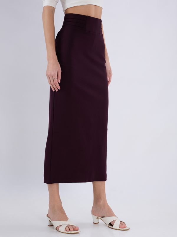 Globus Women Burgundy Mid Rise Pintuck Waist Back Slit Pencil Midi Skirt