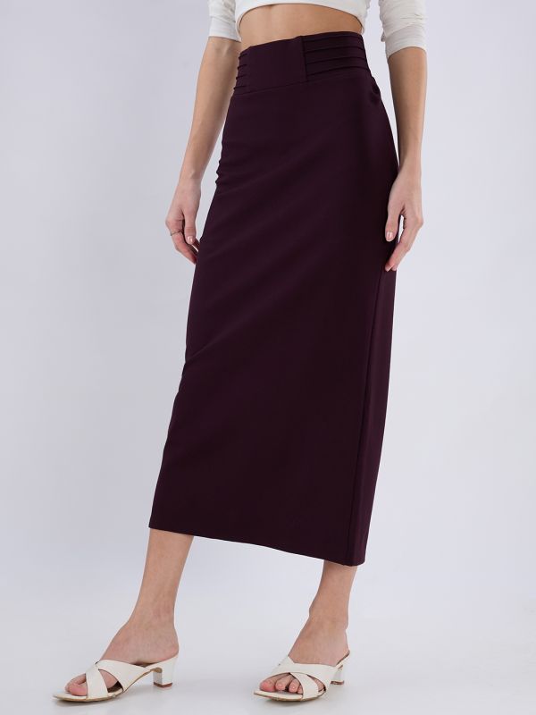 Globus Women Burgundy Mid Rise Pintuck Waist Back Slit Pencil Midi Skirt