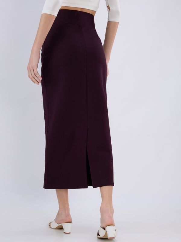 Globus Women Burgundy Mid Rise Pintuck Waist Back Slit Pencil Midi Skirt