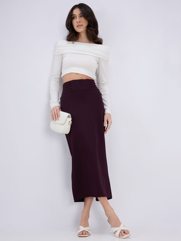 Globus Women Burgundy Mid Rise Pintuck Waist Back Slit Pencil Midi Skirt