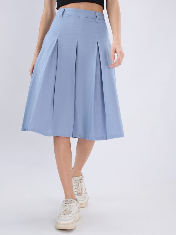 Globus Women Blue Mid Rise Pleated Flared Midi Skirt with Belt Loops