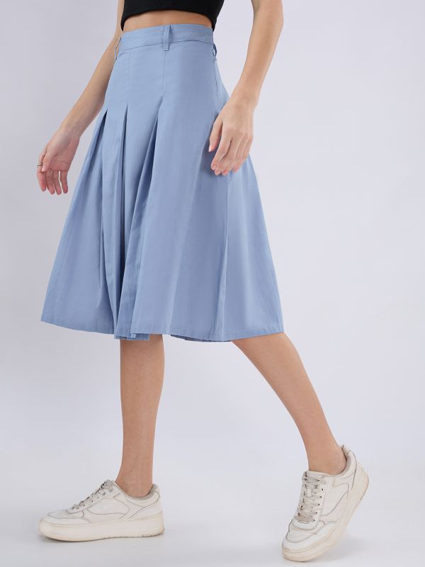 Globus Women Blue Mid Rise Pleated Flared Midi Skirt with Belt Loops