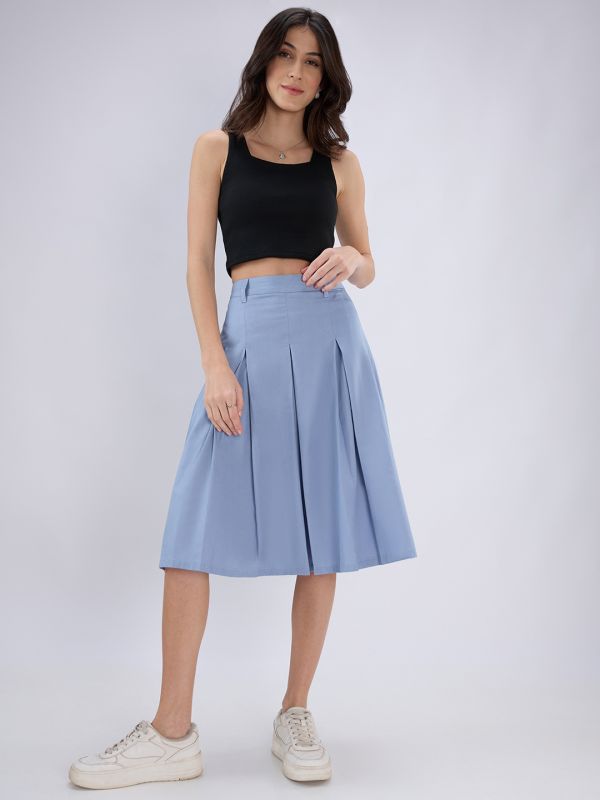 Globus Women Blue Mid Rise Pleated Flared Midi Skirt with Belt Loops