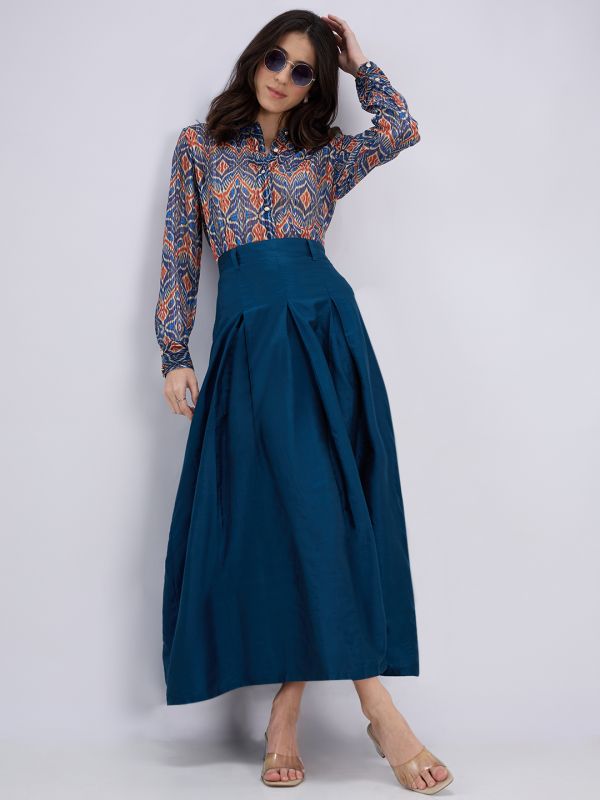 Globus Women Teal High Rise Pleated Flared Maxi Skirt with Belt Loops