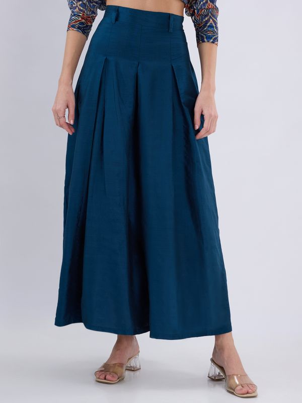 Globus Women Teal High Rise Pleated Flared Maxi Skirt with Belt Loops