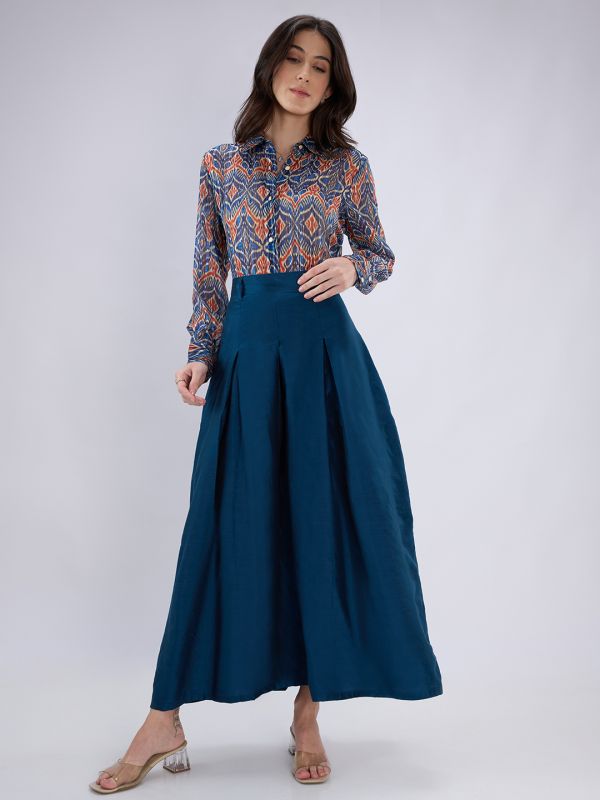 Globus Women Teal High Rise Pleated Flared Maxi Skirt with Belt Loops