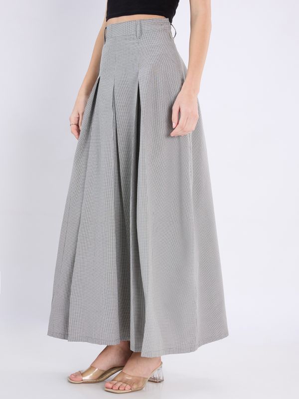 Globus Women Black Micro Checks Printed High Rise Pleated Flared Maxi Skirt with Belt Loops