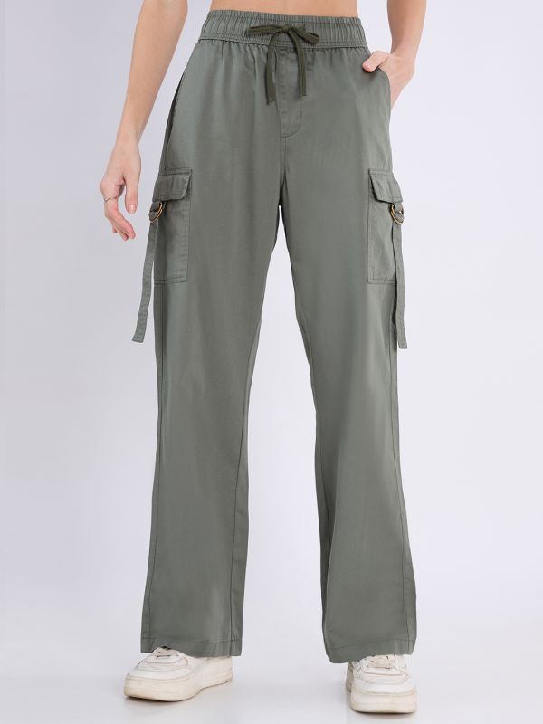 Globus Women Olive Mid Rise Elasticated Waist Wide Leg Cargo Trousers