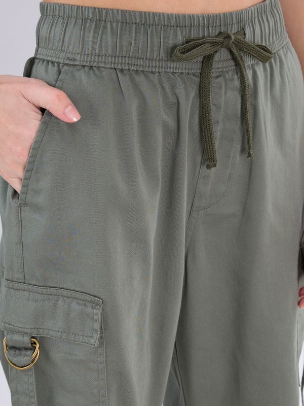 Globus Women Olive Mid Rise Elasticated Waist Wide Leg Cargo Trousers