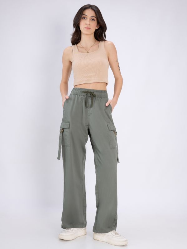 Globus Women Olive Mid Rise Elasticated Waist Wide Leg Cargo Trousers
