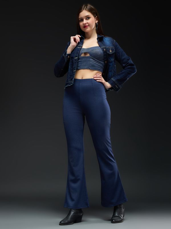 Globus Women Navy Blue Checkered Mid Rise Regular Fit Wide Leg Formal Trousers