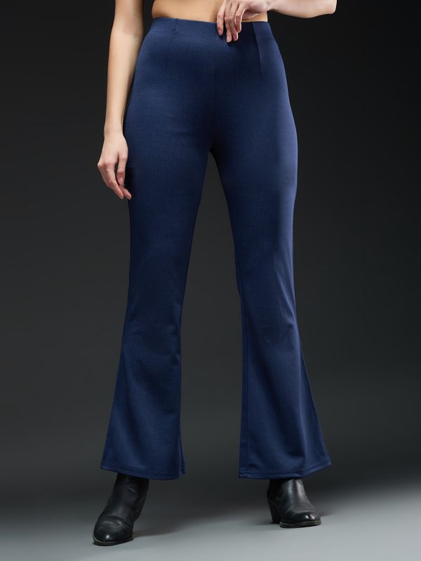 Globus Women Navy Blue Checkered Mid Rise Regular Fit Wide Leg Formal Trousers