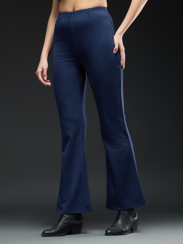 Globus Women Navy Blue Checkered Mid Rise Regular Fit Wide Leg Formal Trousers