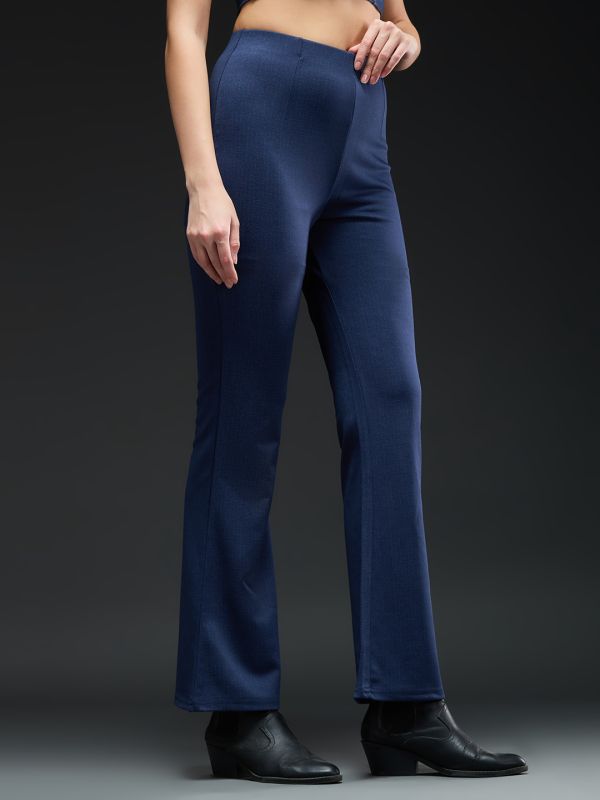 Globus Women Navy Blue Checkered Mid Rise Regular Fit Wide Leg Formal Trousers