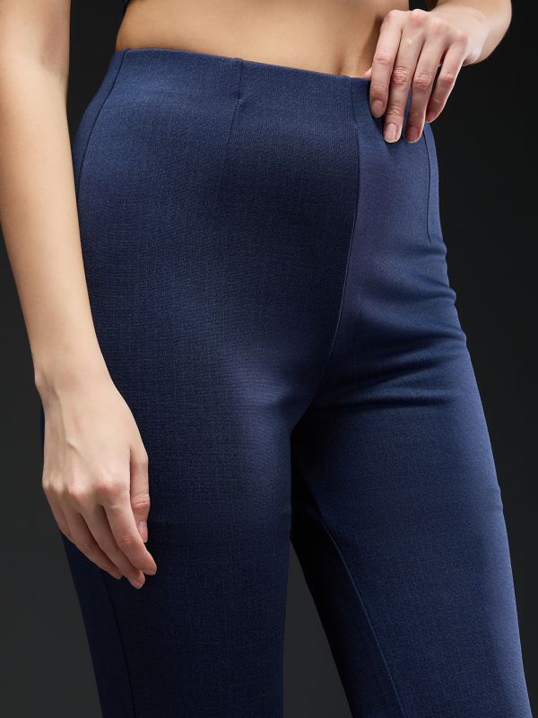 Globus Women Navy Blue Checkered Mid Rise Regular Fit Wide Leg Formal Trousers