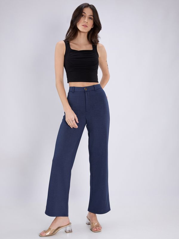 Globus Women Navy Blue Checkered Mid Rise Regular Fit Wide Leg Formal Trousers