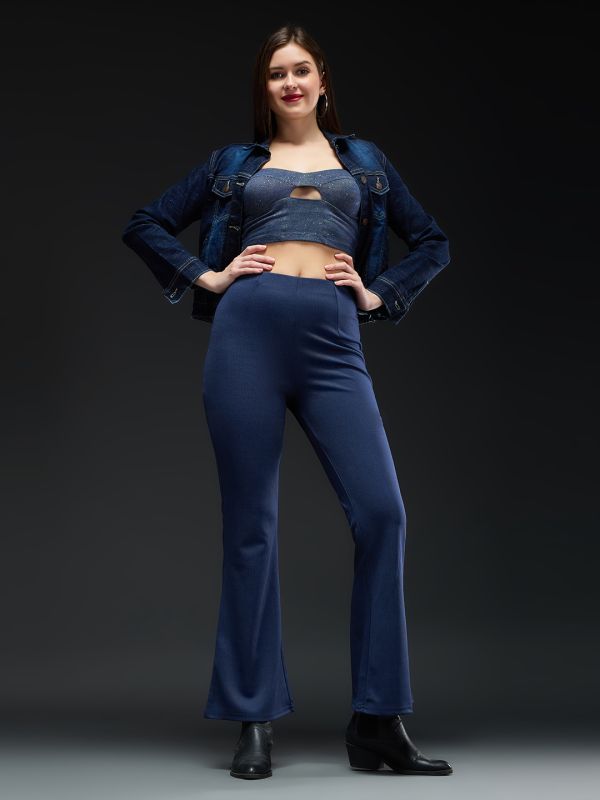 Globus Women Navy Blue Checkered Mid Rise Regular Fit Wide Leg Formal Trousers