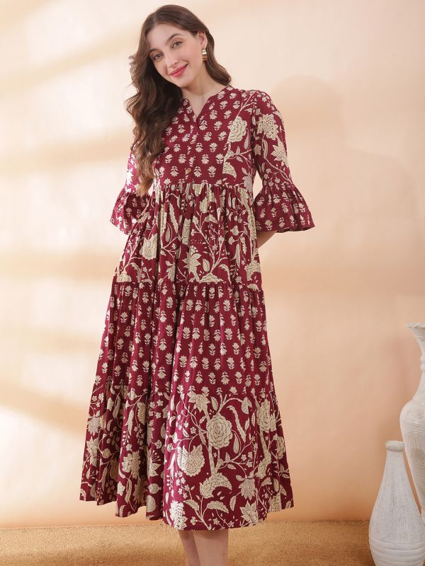 Globus Women Maroon Allover Floral Printed Mandarin Collar Pleated Tiered A-Line Midi Dress
