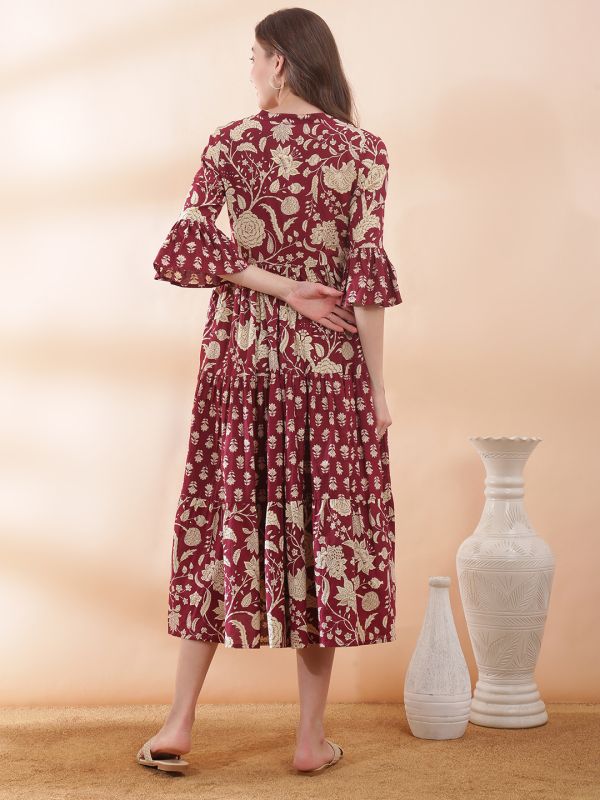Globus Women Maroon Allover Floral Printed Mandarin Collar Pleated Tiered A-Line Midi Dress