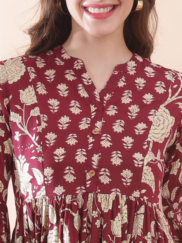 Globus Women Maroon Allover Floral Printed Mandarin Collar Pleated Tiered A-Line Midi Dress