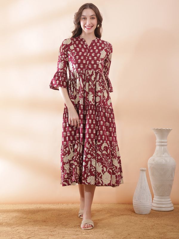 Globus Women Maroon Allover Floral Printed Mandarin Collar Pleated Tiered A-Line Midi Dress