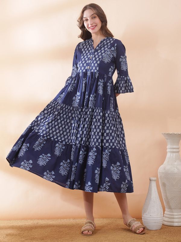 Globus Women Navy Blue Mandarin Collar Floral Print Gathered & Pleated Flared Hem A-Line Midi Dress