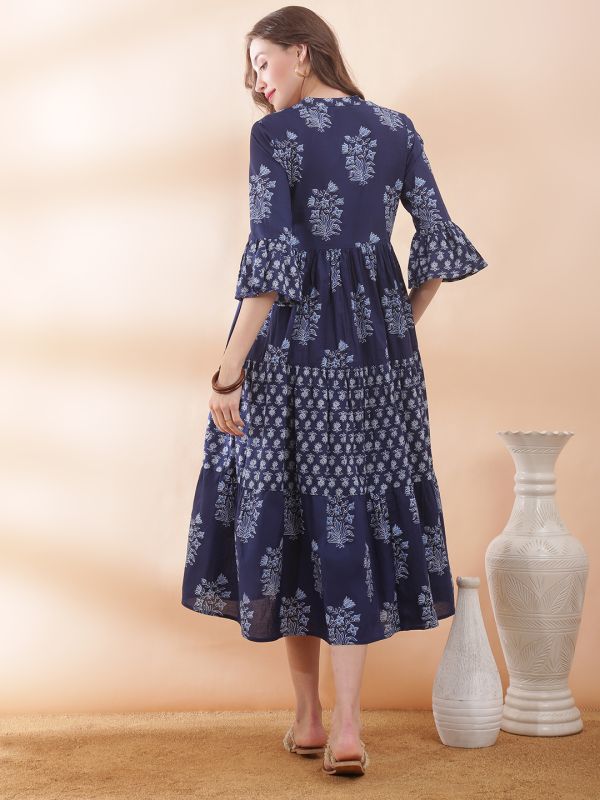 Globus Women Navy Blue Mandarin Collar Floral Print Gathered & Pleated Flared Hem A-Line Midi Dress