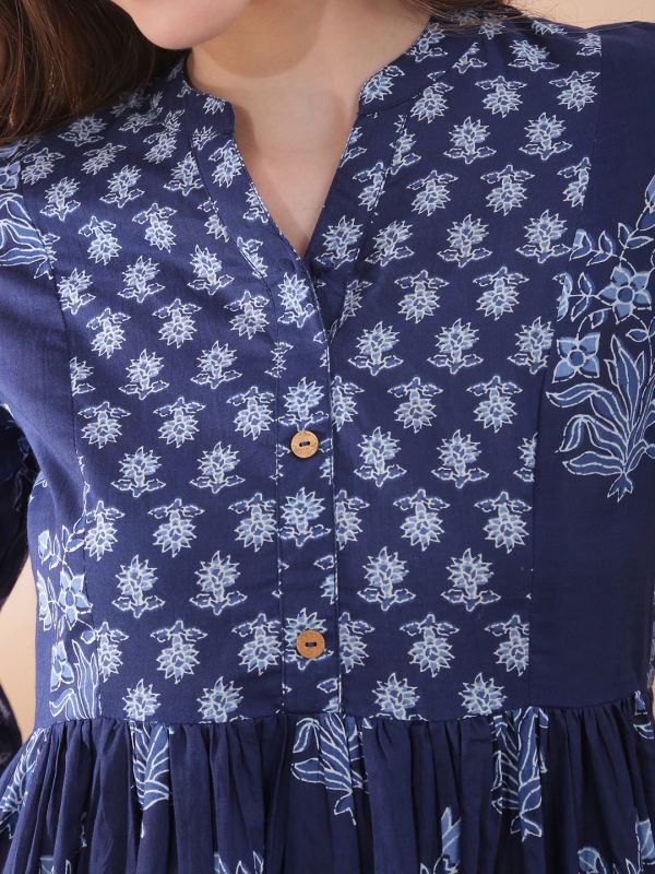 Globus Women Navy Blue Mandarin Collar Floral Print Gathered & Pleated Flared Hem A-Line Midi Dress