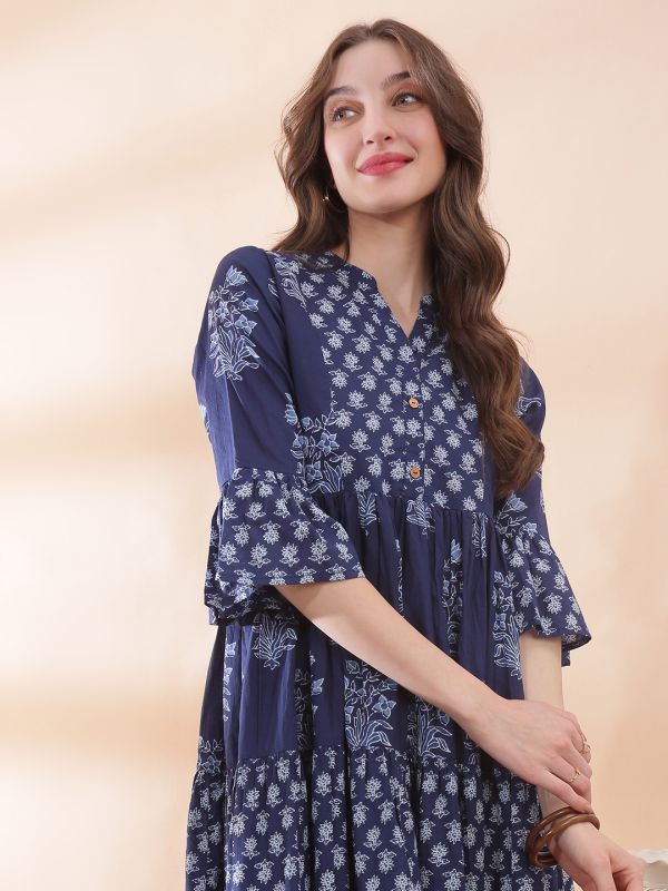 Globus Women Navy Blue Mandarin Collar Floral Print Gathered & Pleated Flared Hem A-Line Midi Dress