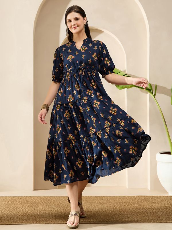 Globus Women Navy Blue Mandarin Collar Puff Sleeves Ethnic Print Waist Tie-Ups Tiered Midi A-Line Fusion Dress