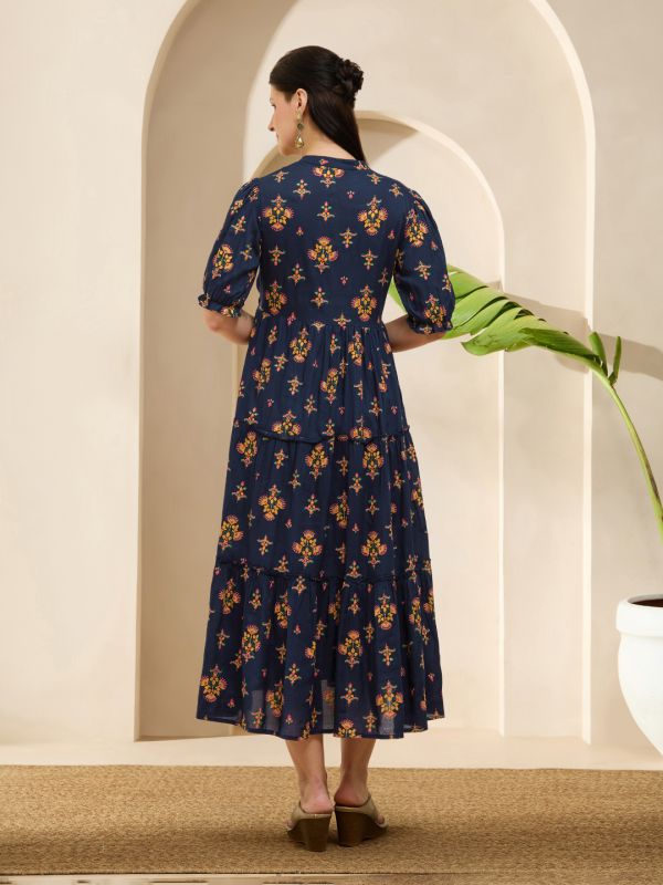 Globus Women Navy Blue Mandarin Collar Puff Sleeves Ethnic Print Waist Tie-Ups Tiered Midi A-Line Fusion Dress