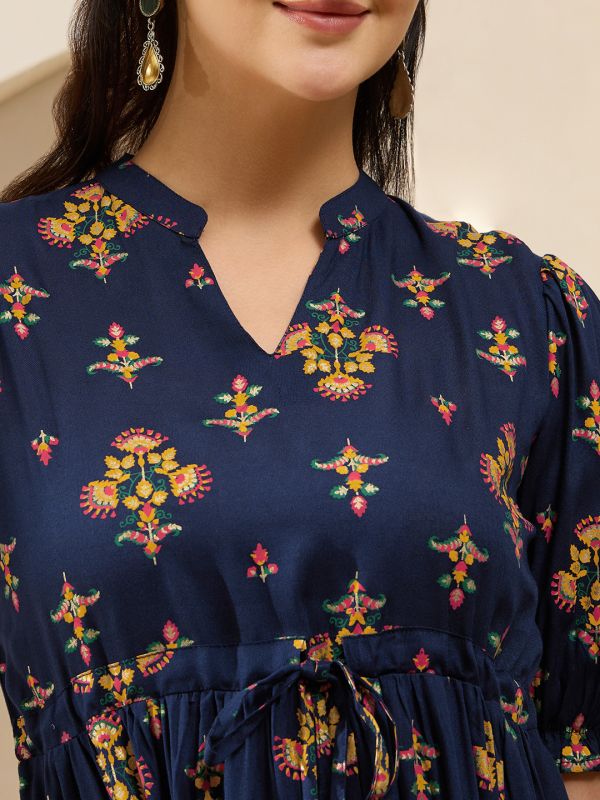 Globus Women Navy Blue Mandarin Collar Puff Sleeves Ethnic Print Waist Tie-Ups Tiered Midi A-Line Fusion Dress