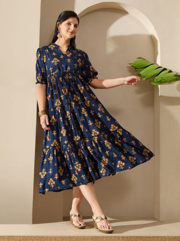 Globus Women Navy Blue Mandarin Collar Puff Sleeves Ethnic Print Waist Tie-Ups Tiered Midi A-Line Fusion Dress