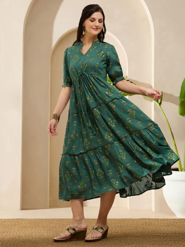 Globus Women Green Mandarin Collar Puff Sleeves Ethnic Print Waist Tie-Ups Tiered Midi A-Line Fusion Dress