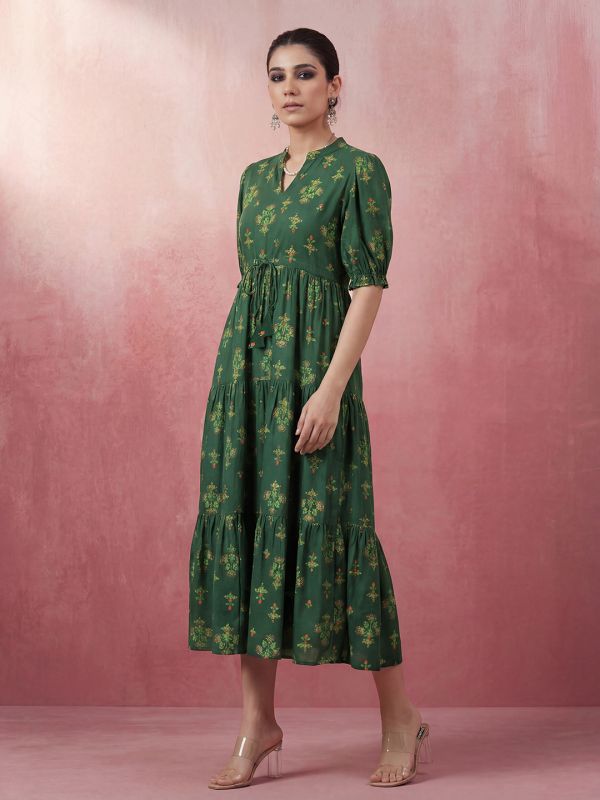 Globus Women Green Mandarin Collar Puff Sleeves Ethnic Print Waist Tie-Ups Tiered Midi A-Line Fusion Dress