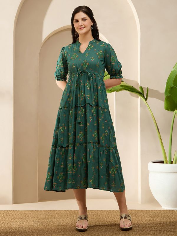 Globus Women Green Mandarin Collar Puff Sleeves Ethnic Print Waist Tie-Ups Tiered Midi A-Line Fusion Dress