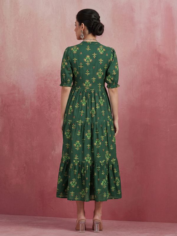 Globus Women Green Mandarin Collar Puff Sleeves Ethnic Print Waist Tie-Ups Tiered Midi A-Line Fusion Dress