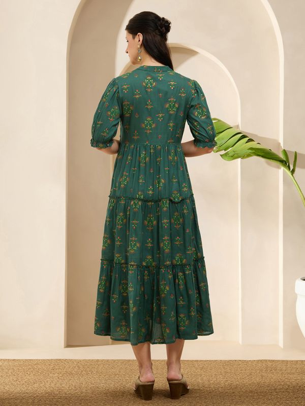 Globus Women Green Mandarin Collar Puff Sleeves Ethnic Print Waist Tie-Ups Tiered Midi A-Line Fusion Dress