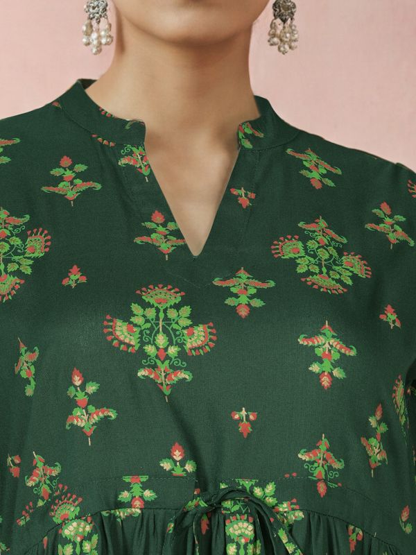 Globus Women Green Mandarin Collar Puff Sleeves Ethnic Print Waist Tie-Ups Tiered Midi A-Line Fusion Dress
