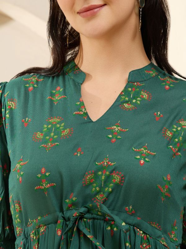Globus Women Green Mandarin Collar Puff Sleeves Ethnic Print Waist Tie-Ups Tiered Midi A-Line Fusion Dress