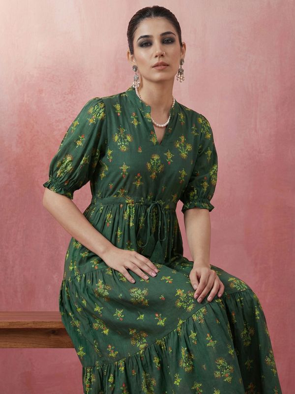 Globus Women Green Mandarin Collar Puff Sleeves Ethnic Print Waist Tie-Ups Tiered Midi A-Line Fusion Dress