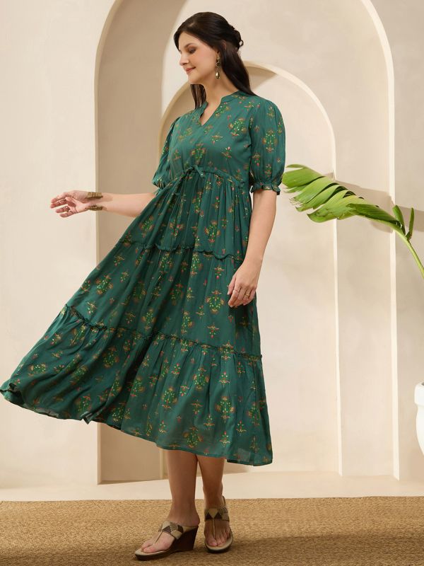 Globus Women Green Mandarin Collar Puff Sleeves Ethnic Print Waist Tie-Ups Tiered Midi A-Line Fusion Dress