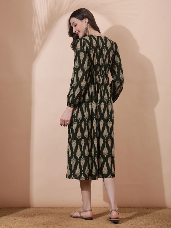 Globus Women Olive Ethnic Print Wrap V-Neck Bishop Sleeves Smocked Detail Fit & Flare Midi Dress