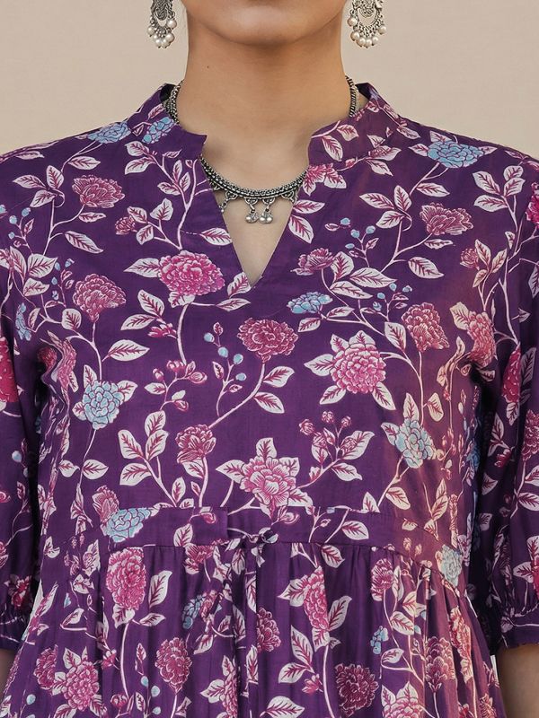 Globus Women Purple Mandarin Collar Puff Sleeves Floral Print Waist Tie-Ups Tiered Midi A-Line Fusion Dress