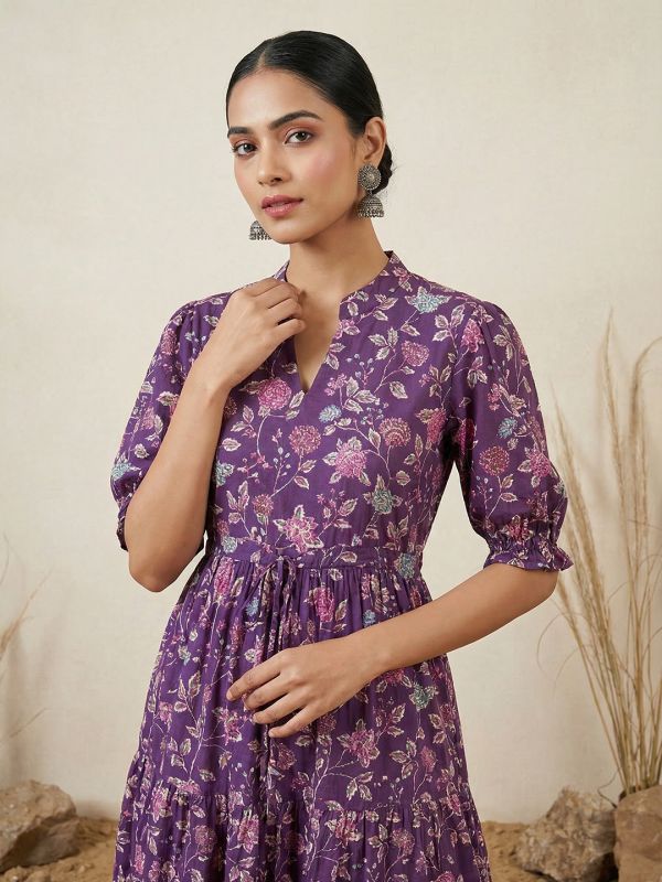Globus Women Purple Mandarin Collar Puff Sleeves Floral Print Waist Tie-Ups Tiered Midi A-Line Fusion Dress