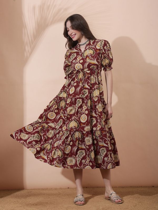 Globus Women Maroon Allover Floral Printed Mandarin Collar Puff Sleeves Waist Tie-Ups Tiered A-Line Midi Dress