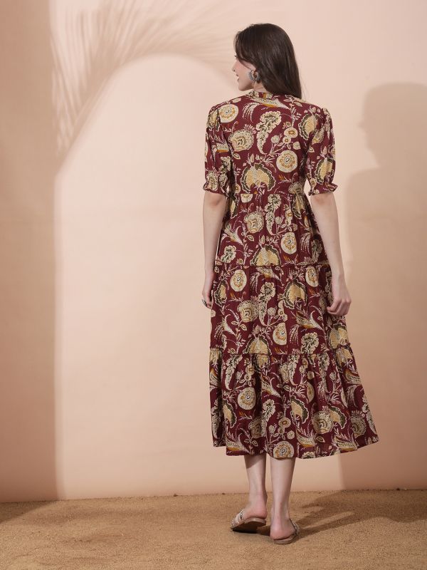 Globus Women Maroon Allover Floral Printed Mandarin Collar Puff Sleeves Waist Tie-Ups Tiered A-Line Midi Dress