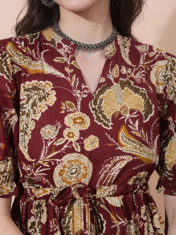 Globus Women Maroon Allover Floral Printed Mandarin Collar Puff Sleeves Waist Tie-Ups Tiered A-Line Midi Dress