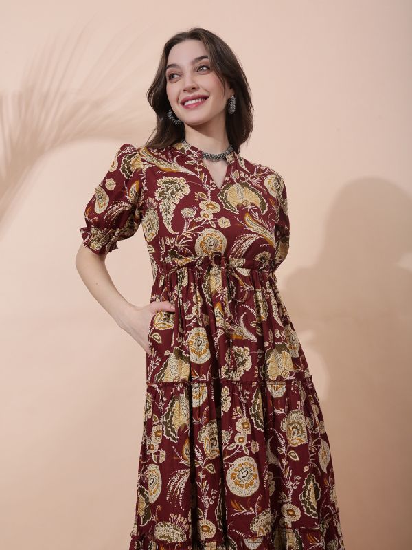 Globus Women Maroon Allover Floral Printed Mandarin Collar Puff Sleeves Waist Tie-Ups Tiered A-Line Midi Dress