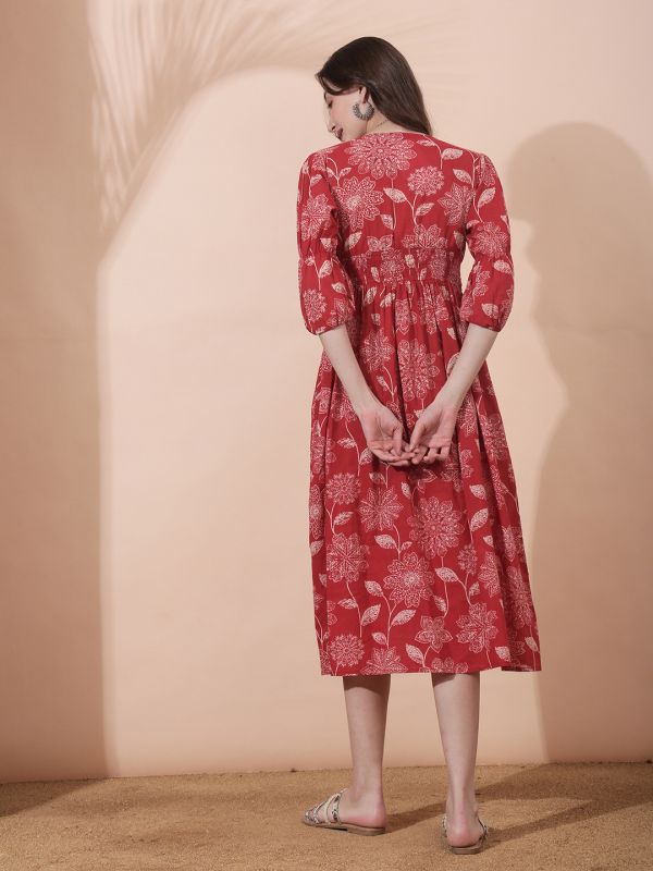 Globus Women Red Allover Floral Printed V-Neck Bishop Sleeves Smocked Pleated Fit & Flare Midi Dress